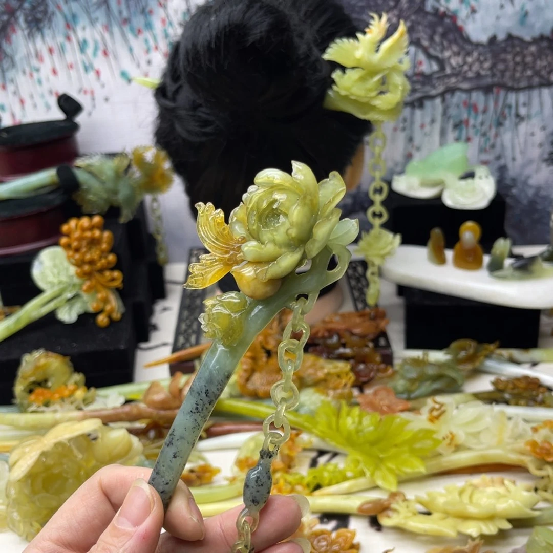 【闪购商品】蛇纹石玉发饰合金榆*