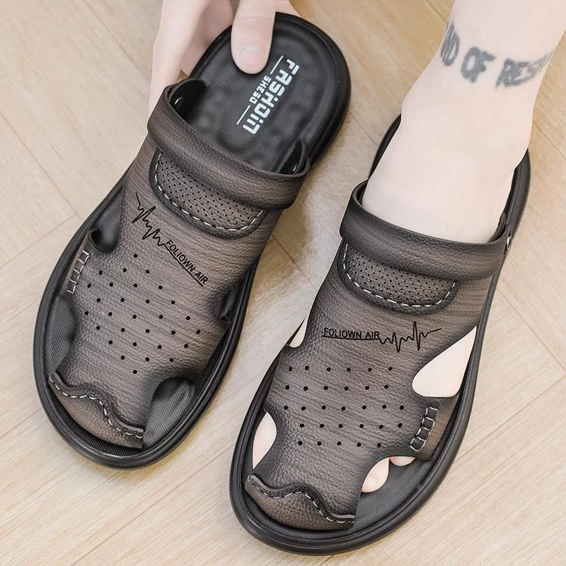 包头凉鞋男夏季外穿防滑防臭开车两用拖鞋运动真皮软底沙滩洞洞鞋