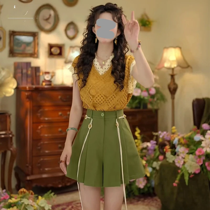 韩版甜美套装女2026夏季新款镂空花边短袖衬衫显瘦阔腿裙裤两件套