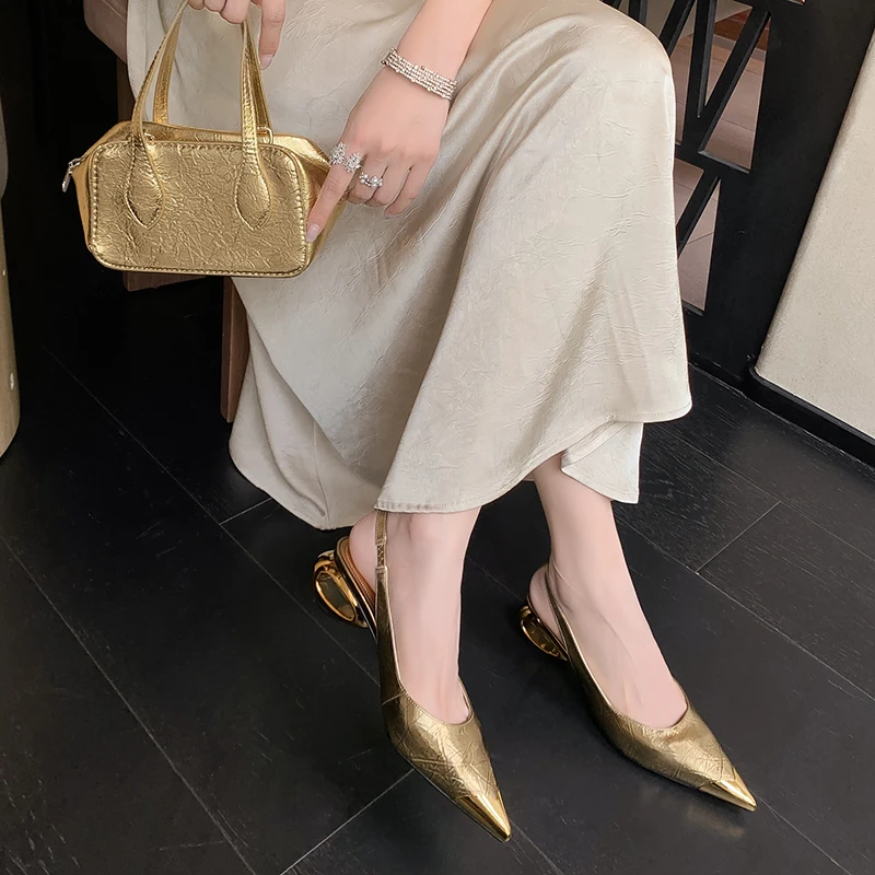 范戈希牛羊皮跟高4CM气质时尚百搭女士法式金色银色凉鞋女买1赠3