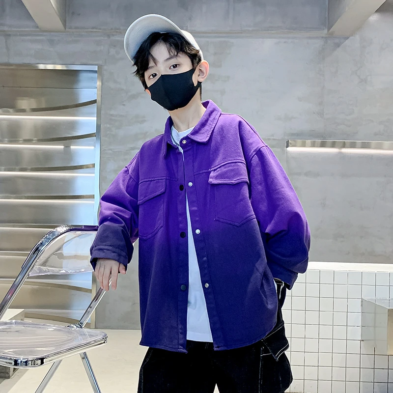 男童衬衫春秋装2025新款春秋装洋气牛仔上衣紫色儿童长袖外套衬衣