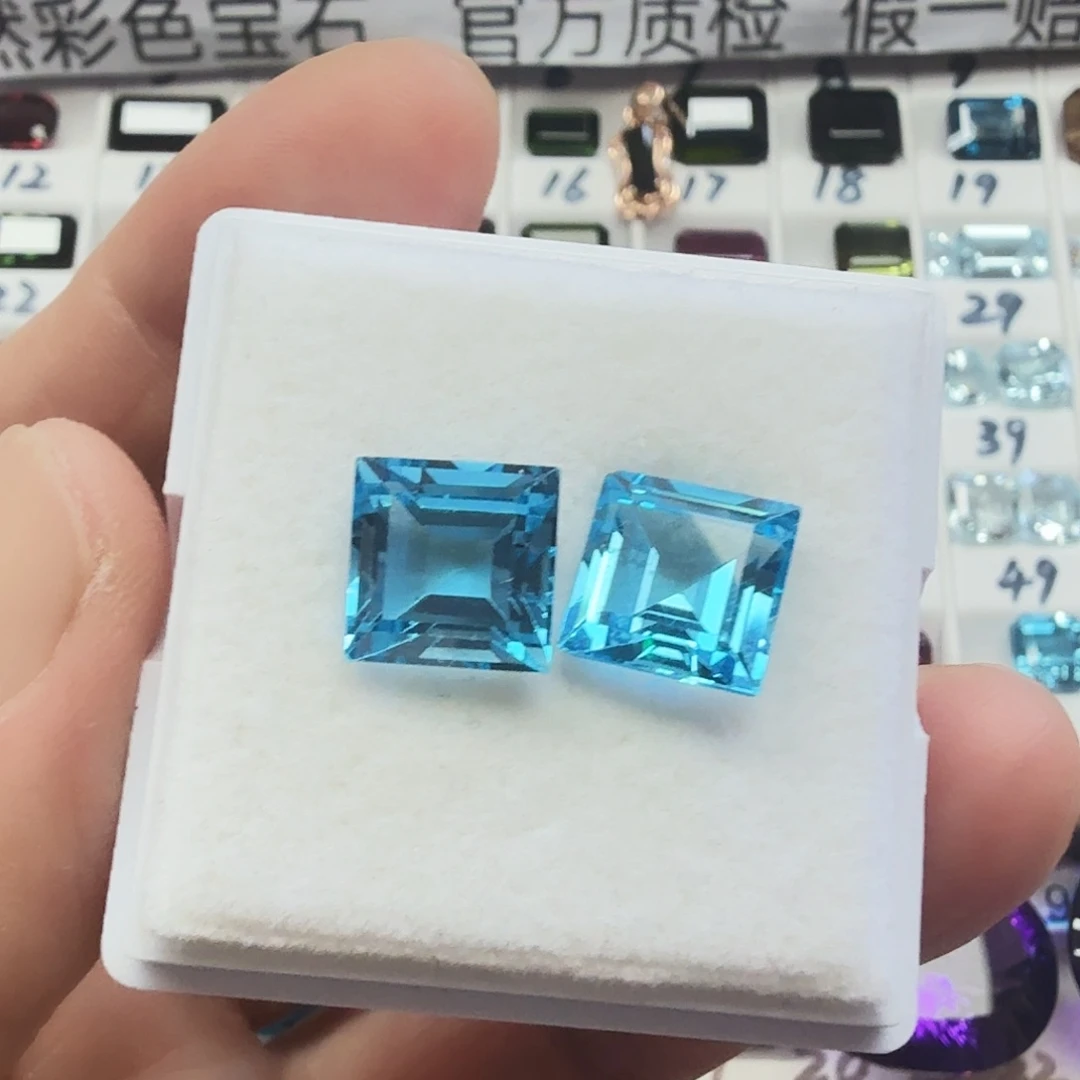 托帕石裸石两颗一组，精美公主方形切割卡10毫米瑞士蓝