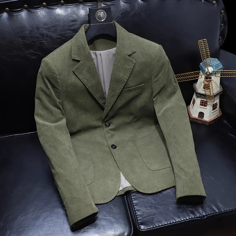 欧货纯色灯芯绒西装外套男秋冬新款潮牌男装轻奢商务休闲修身西服