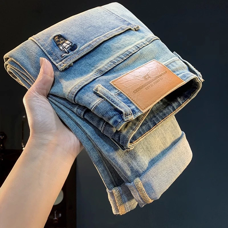 Cebrodz浅蓝色夏季牛仔裤男士薄款小脚修身长裤水洗做旧休闲裤