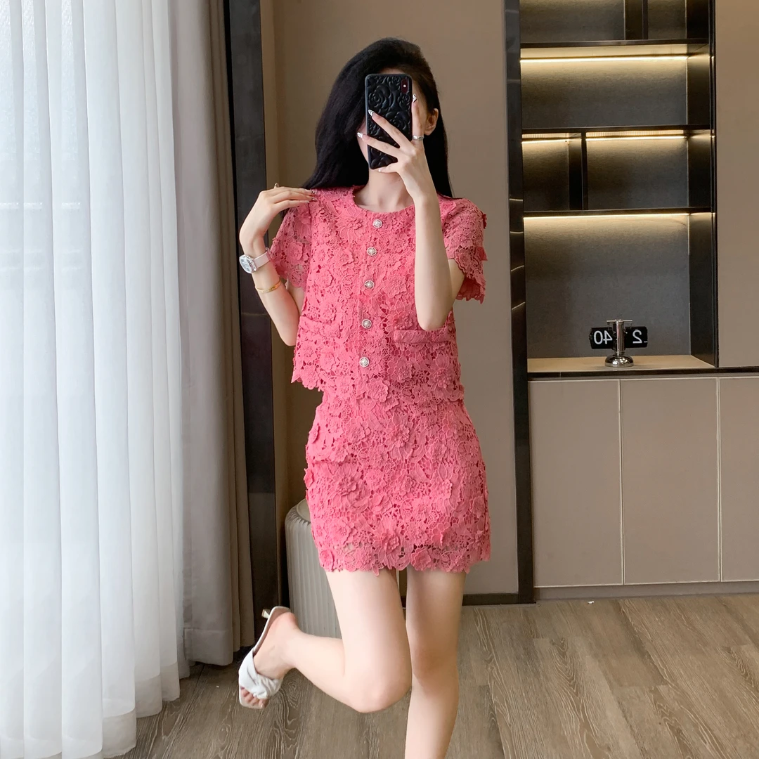 小个子绝美气质法式蕾丝套装裙女夏季新款时尚洋气减龄显瘦两件套