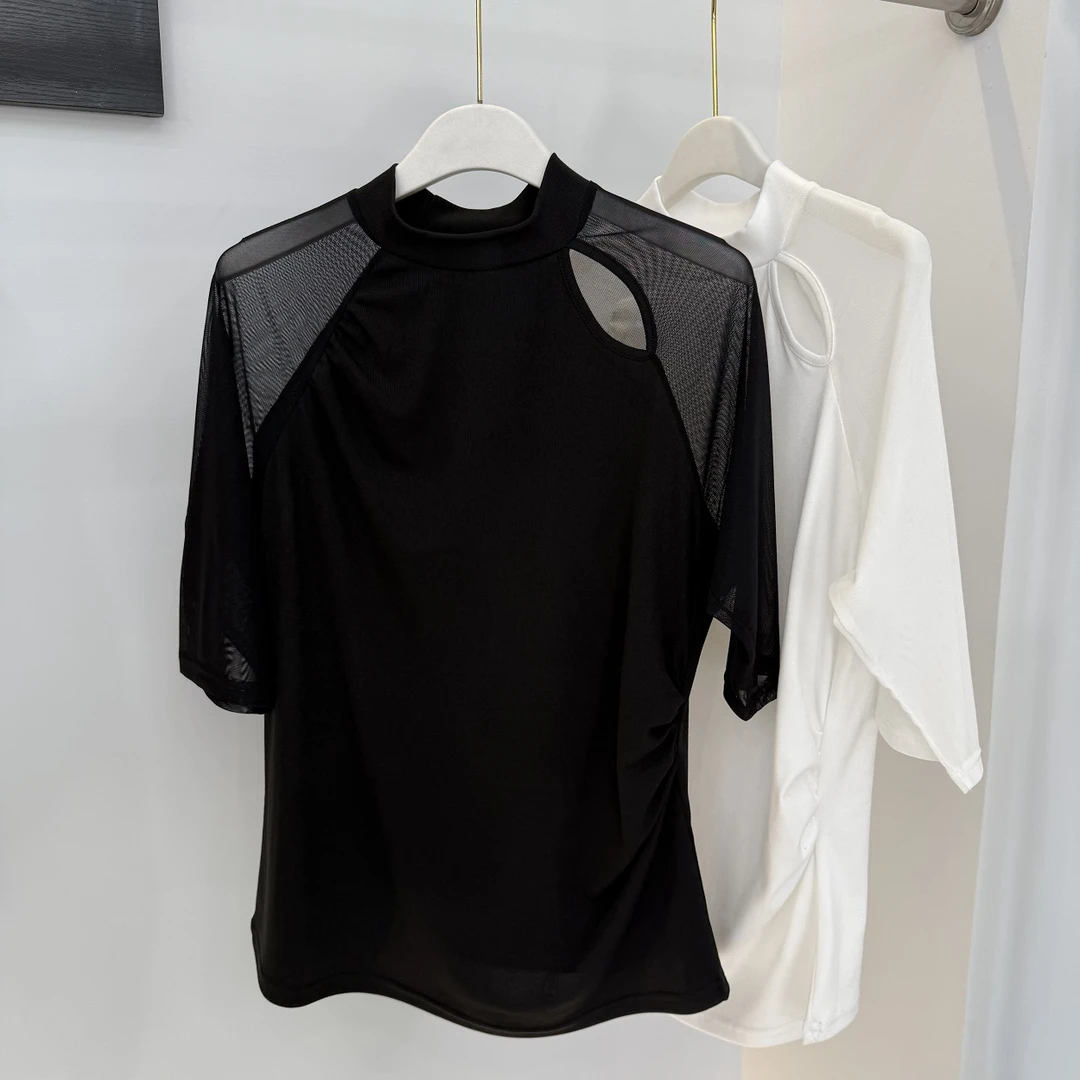 【晓琳】2025早秋季新款时尚百搭网纱拼接镂空圆领修身上衣