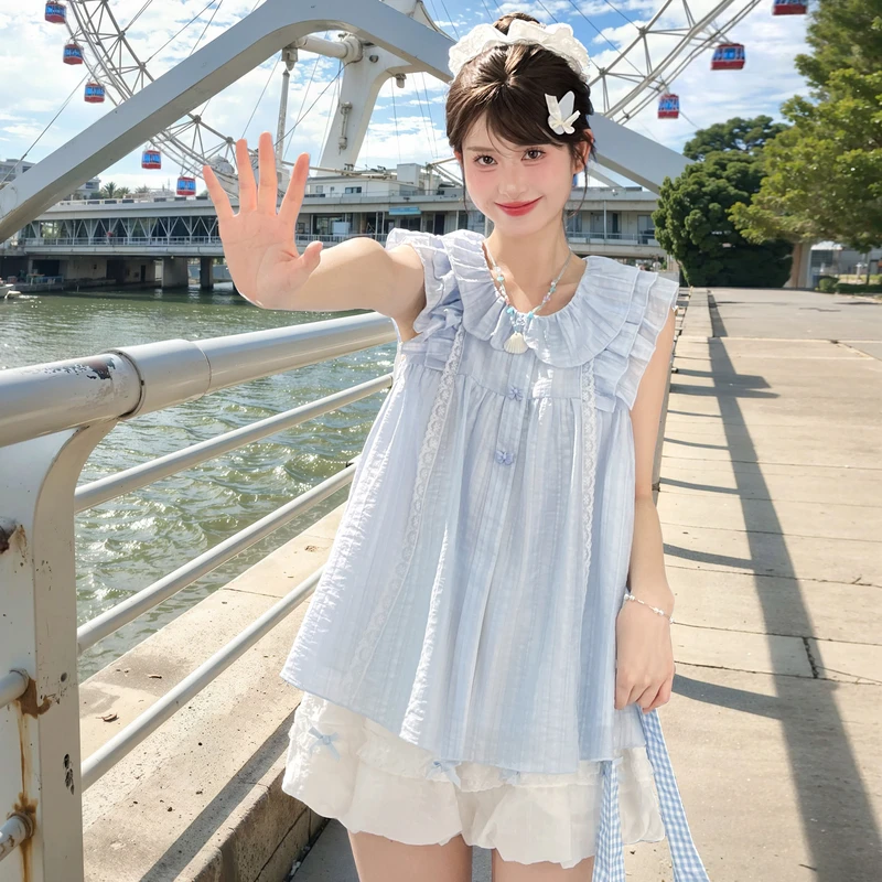 森女部落原创蓝色娃娃领小衫甜美可爱无袖宽松衬衫套装夏季