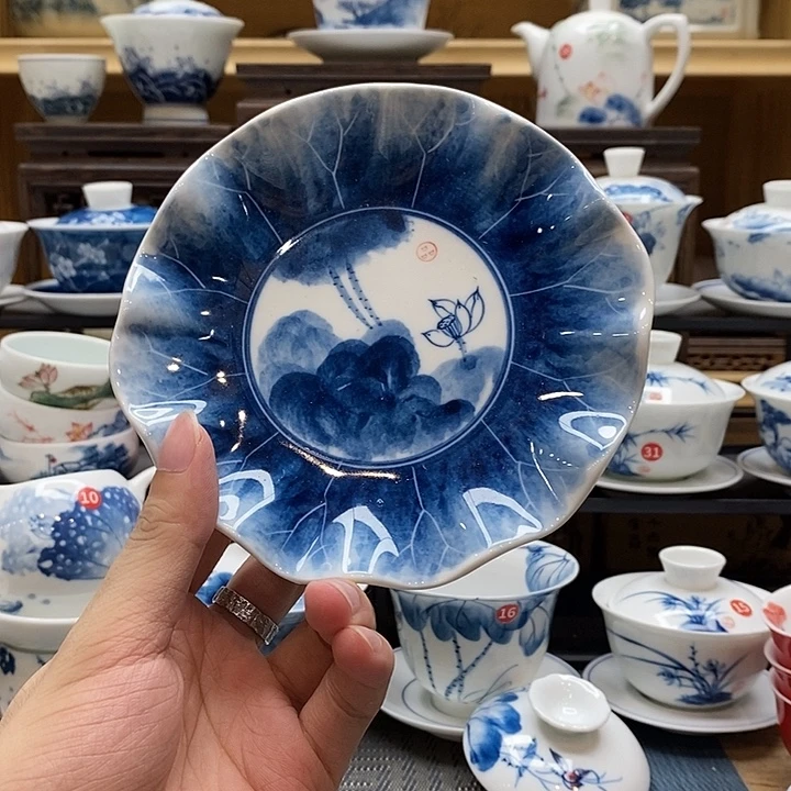 手绘荷花壶承13公分釉下彩高温瓷微瑕福利款