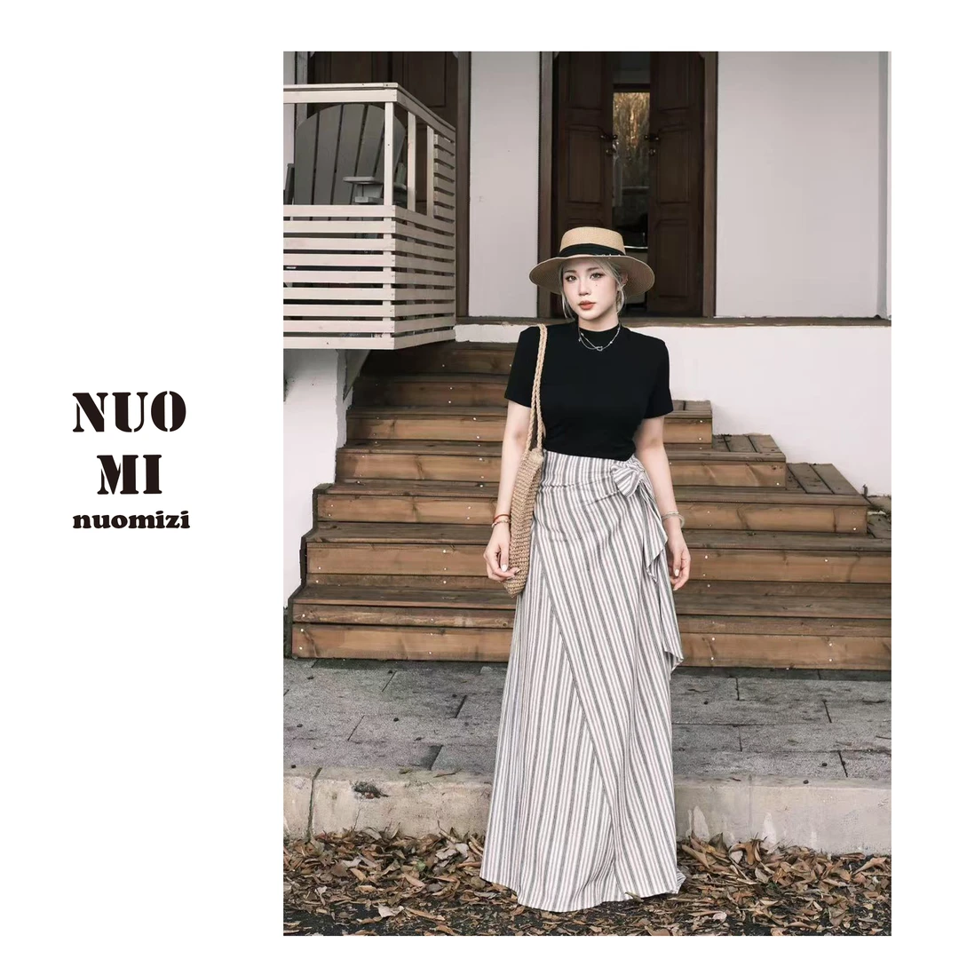 ZOZ糯米子[麻理时钟]韩式高级感半身裙简约条纹绑带式显瘦裙子