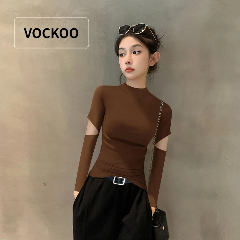 VOCKOO2025新款秋冬咖色小高领长袖打底衫女破洞针织洋气内搭设计