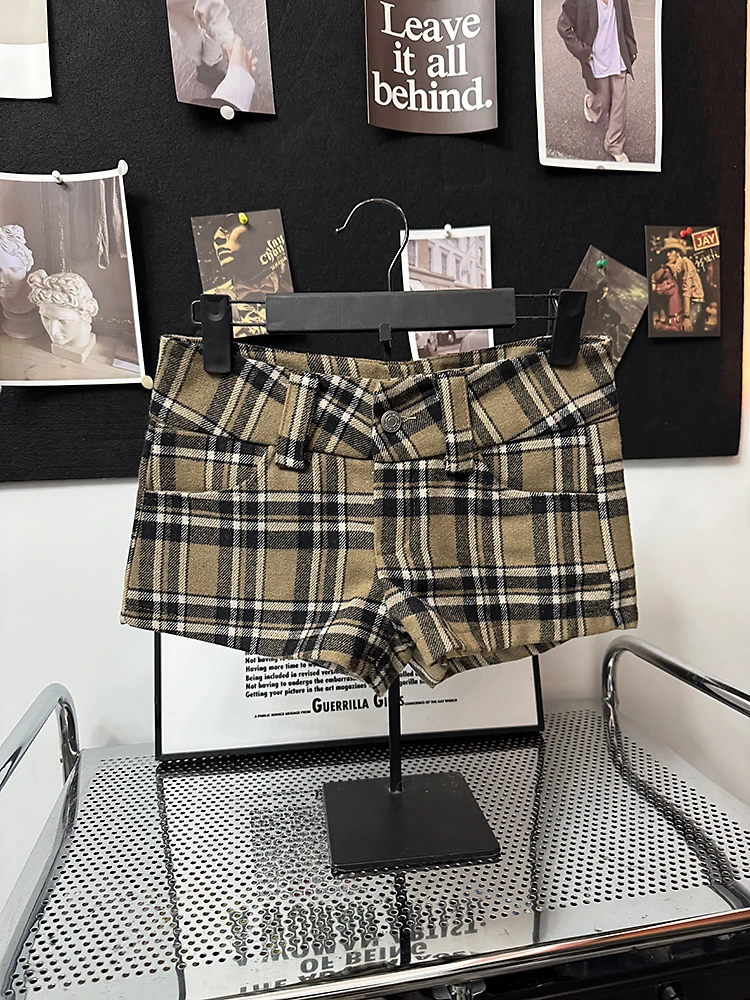 美式早古千禧格纹短裤女秋冬复古英伦风低腰显瘦百搭格子休闲裤