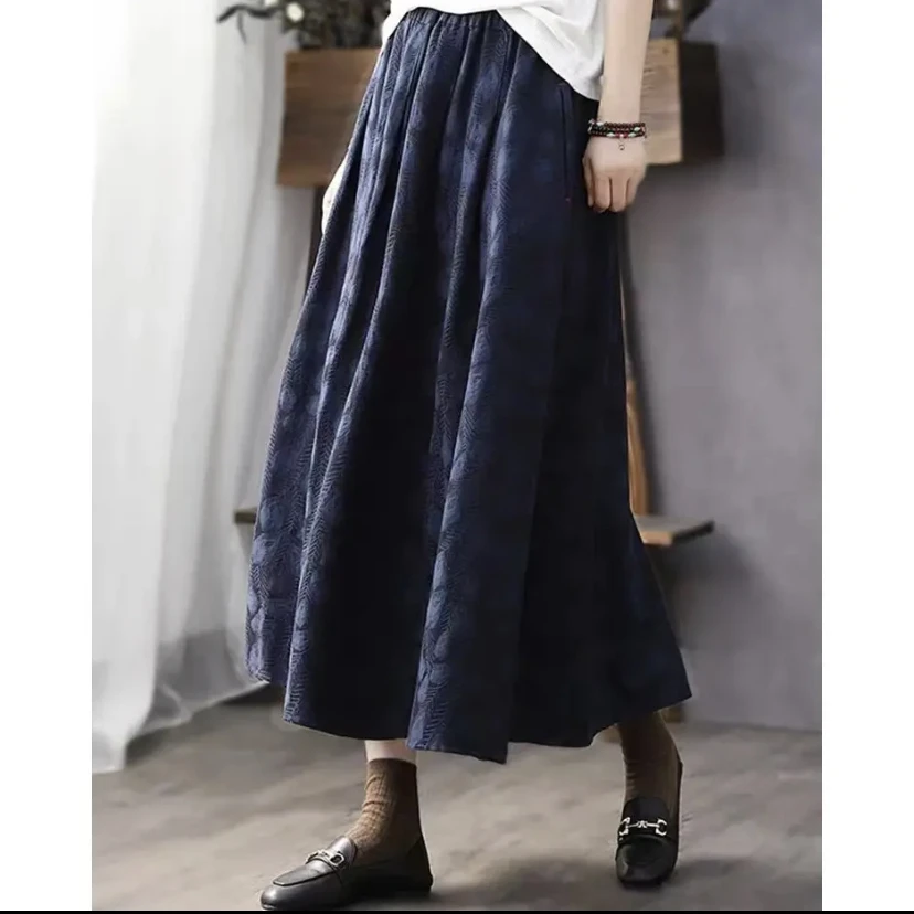 2025春秋新款松紧腰羽毛提花棉半身裙女显瘦A字裙遮胯遮大屁股