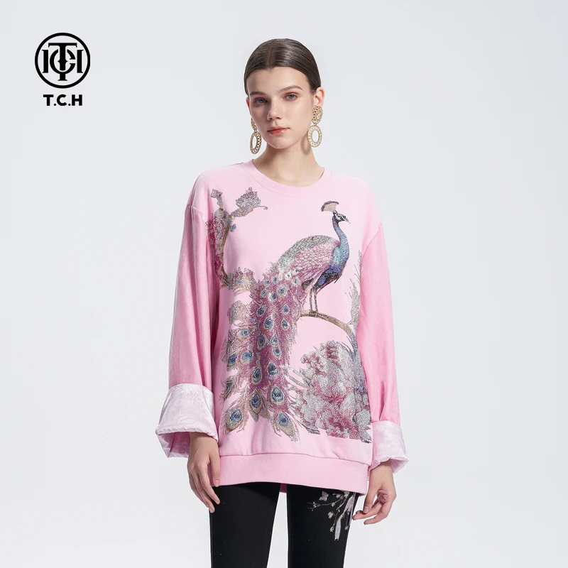 轻奢-TCH新中式烫钻孔雀休闲时尚圆领拼接袖粉色卫衣女T72C116108