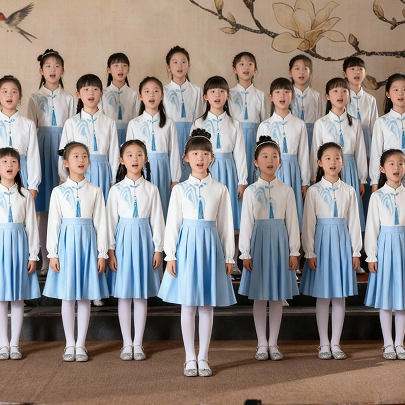 儿童大合唱团朗诵服装2025蓝色合唱团演出服女童爱国演讲比赛礼服