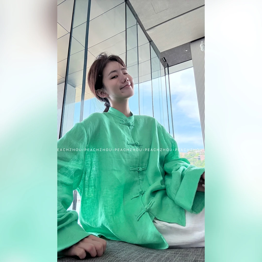 『PEACHZHOU』100亚麻新中式盘扣洋气绿气质国风高级感宽松休闲外套