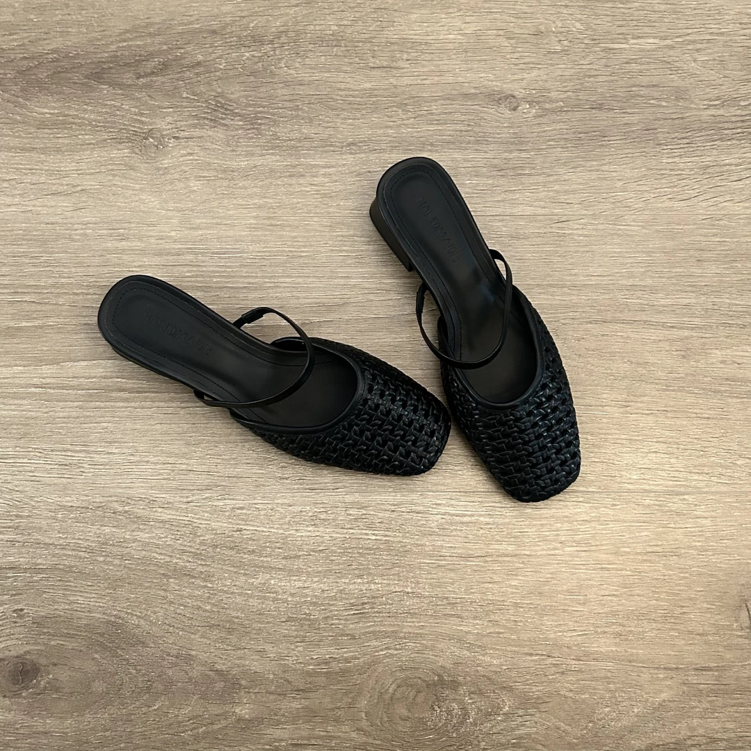 Dannyfrey度假风头层牛皮方头编织配裙子镂空百搭轻奢半拖鞋