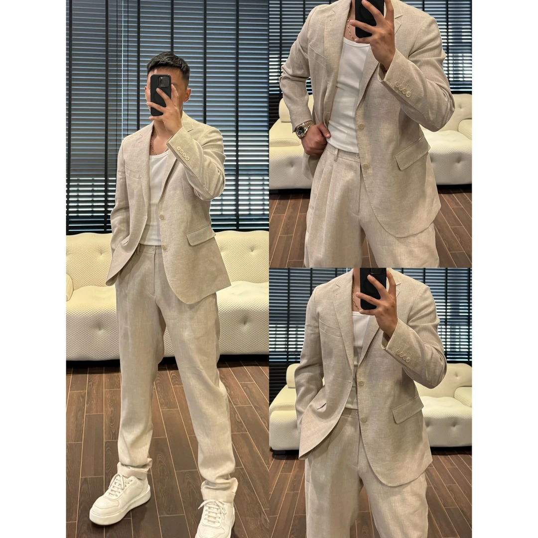 【100%亚麻西服套装】2025夏季新款平驳领绅士意式风双开叉西服套装