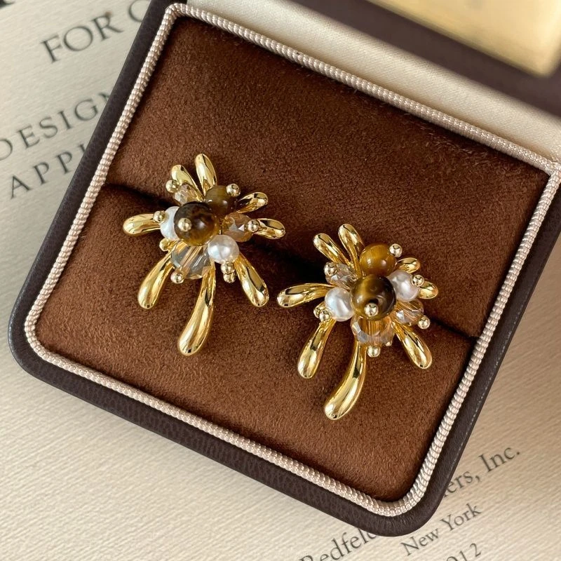 铜合金耳饰 新款烟花虎眼石耳钉时尚冷淡风简约百搭小众耳环耳饰