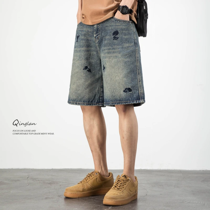 刺绣牛仔短裤男潮牌宽松大码复古水洗直筒痞帅五分裤男生夏季薄款