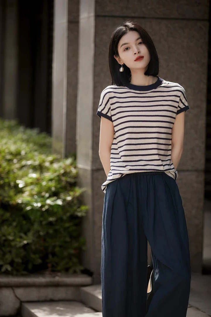 上身轻松惬意~莱赛尔天丝条纹撞色小飞袖T恤衫休闲宽松简约百搭