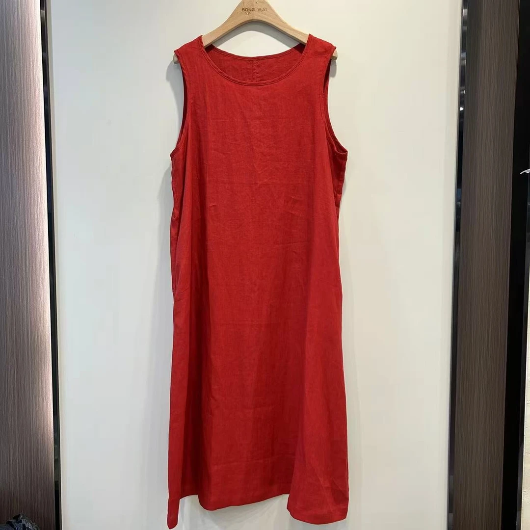 【V姐】深圳时尚南油圆领气质夏季时尚无袖亚麻连衣裙