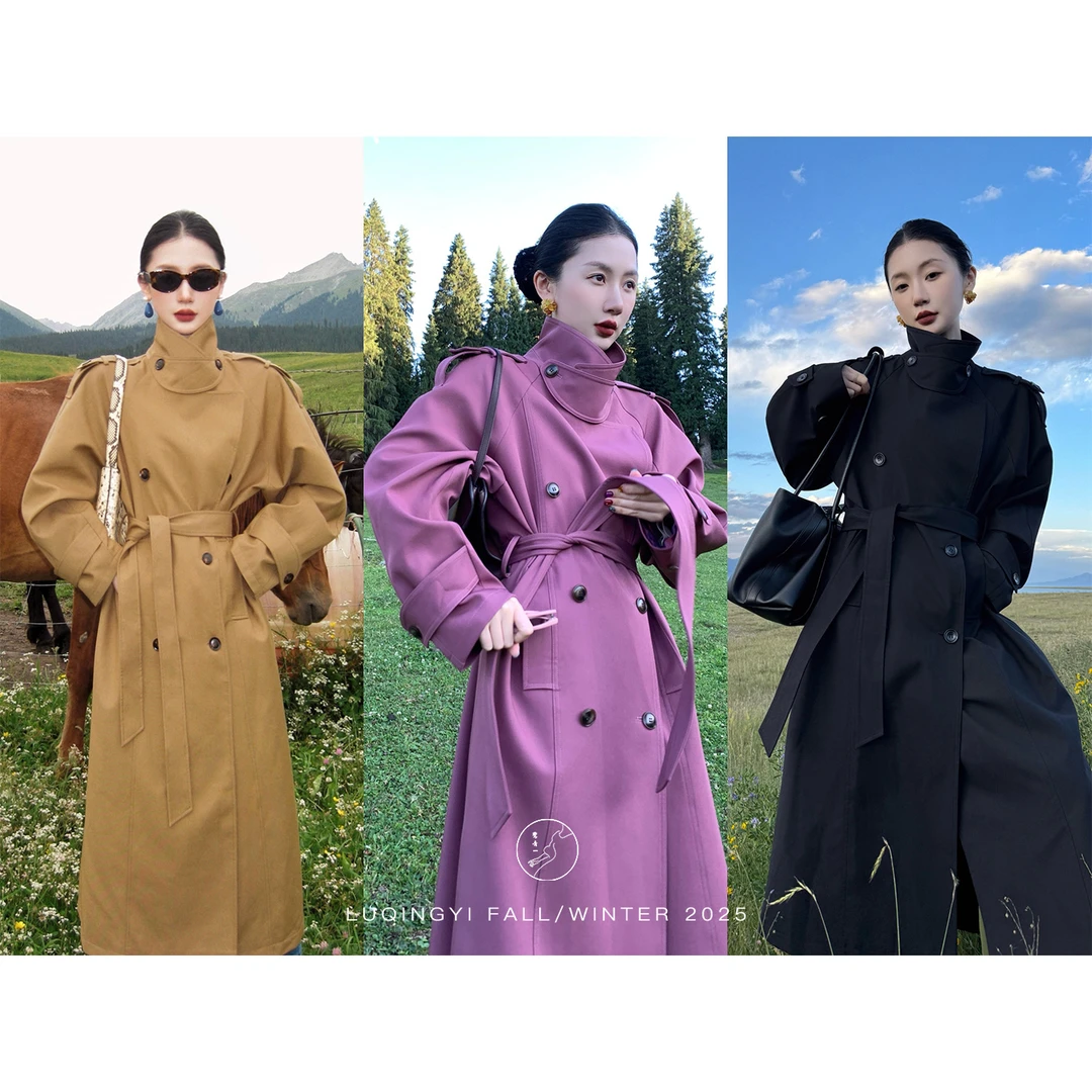 鹭青一原创【宴群山】哑光斜纹经典翻领廓形中长款风衣L25F7546BA