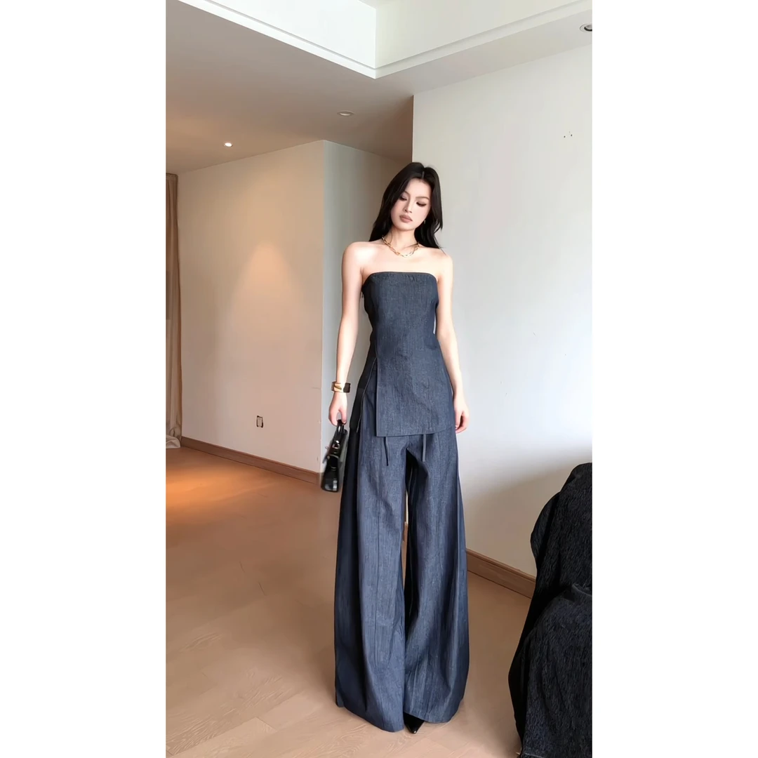 parkyeon2025夏季新款韩系穿搭开叉抹胸上衣宽松阔腿裤牛仔套装