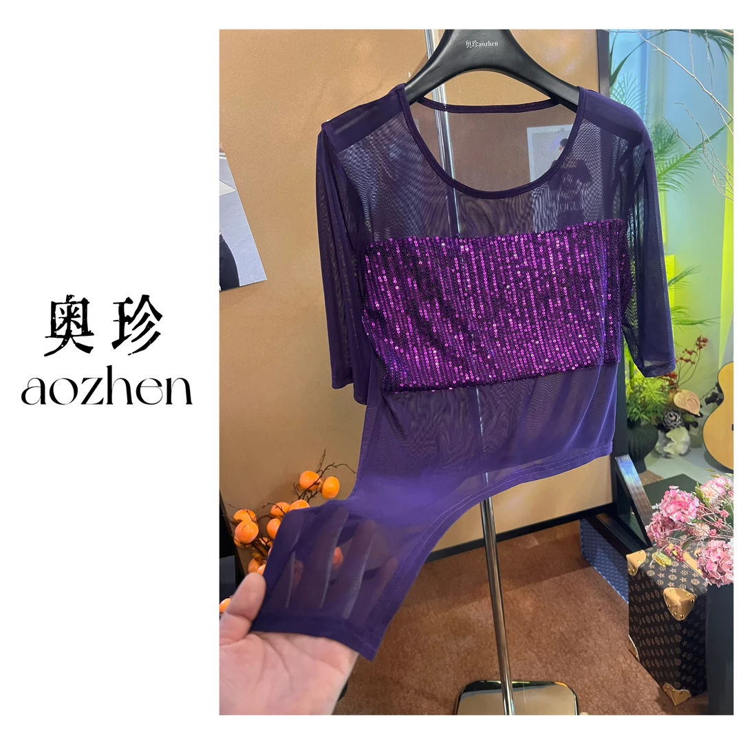 【赫尔魅力】夏季新款小众设计款不规则亮片拼接水晶沙T恤