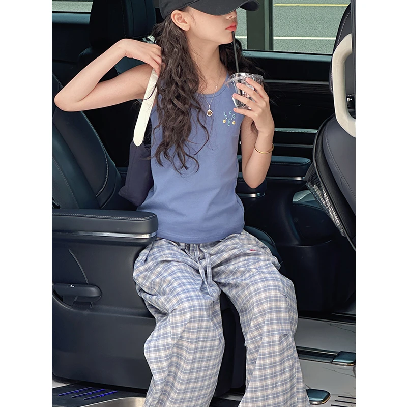 K29157 刺绣女童背心夏装儿童无袖上衣2025新款女大童时髦内搭潮t