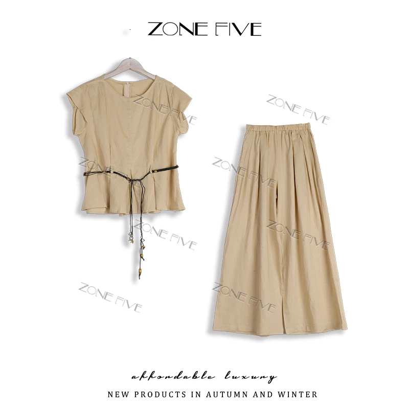 【zonefive】安琪亚麻套装慵懒松弛感收腰无袖衬衫阔腿裤两件套M33