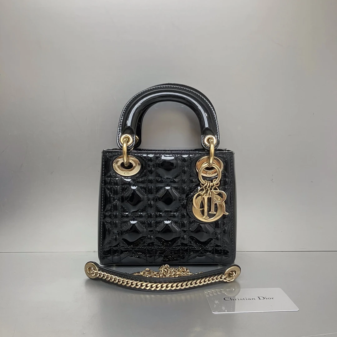 99新 DIOR/迪奥 迪奥漆皮戴妃三格黑金 98新