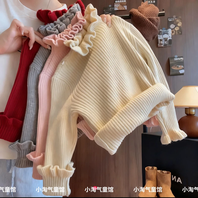 韩版女童保暖毛衣秋冬儿童纯色百搭木耳边洋气半高领针织衫打底衫