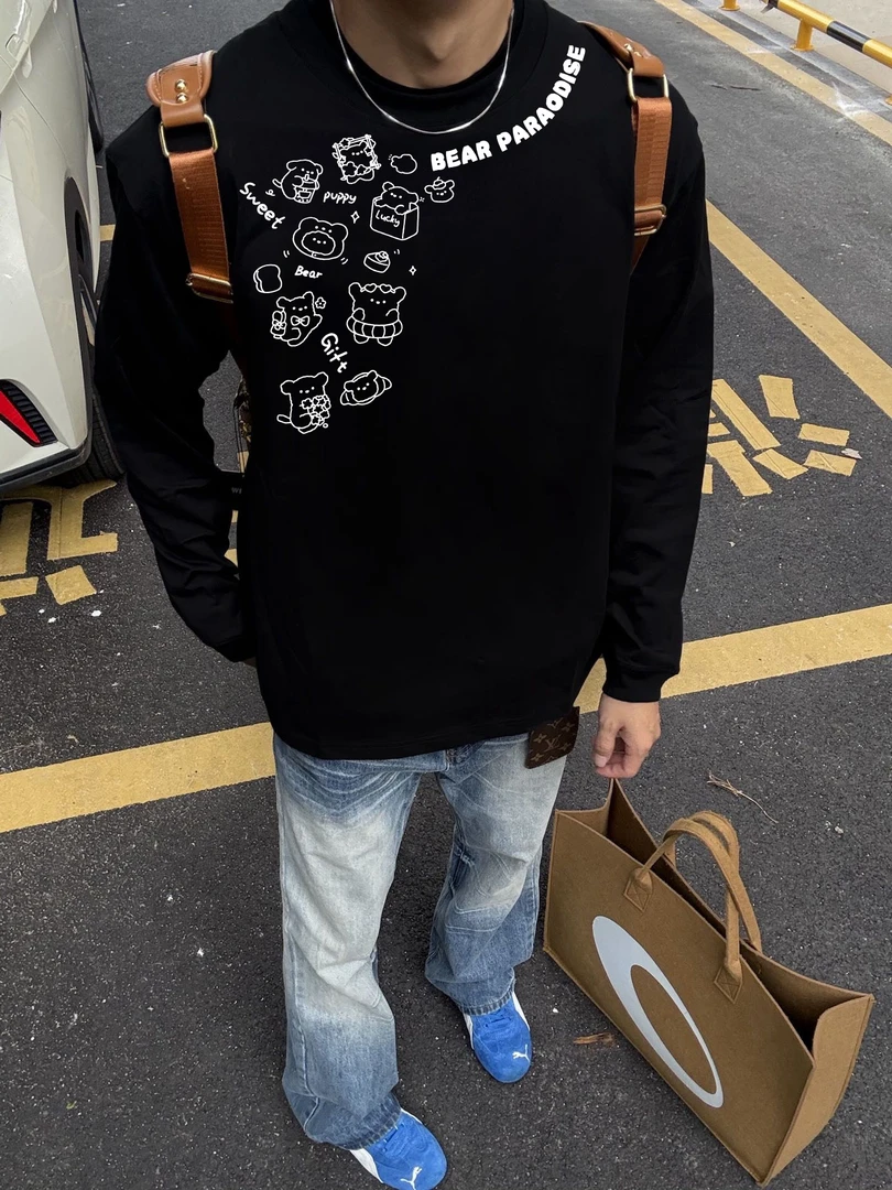 ANTI美式重磅纯棉小熊印花潮流宽松ootd休闲百搭长袖T恤男女同款