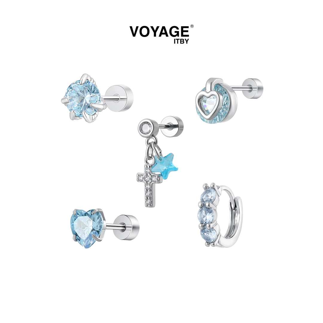 钛钢锆石耳饰 冰蓝星球 蓝色钛钢耳钉女款耳骨钉耳饰氛围感配饰