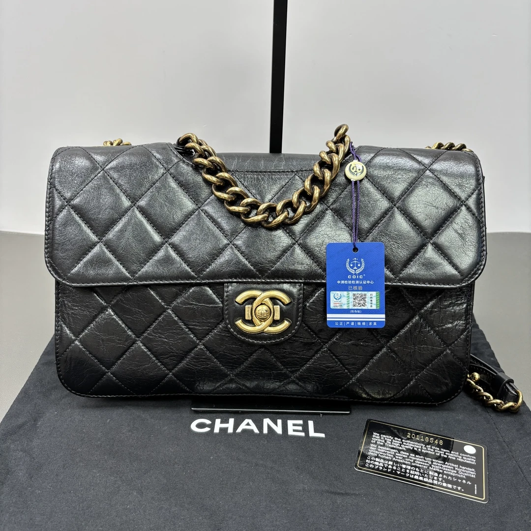95新 Chanel/香奈儿 黑金孟买菱格纹油蜡皮链条单肩 83453