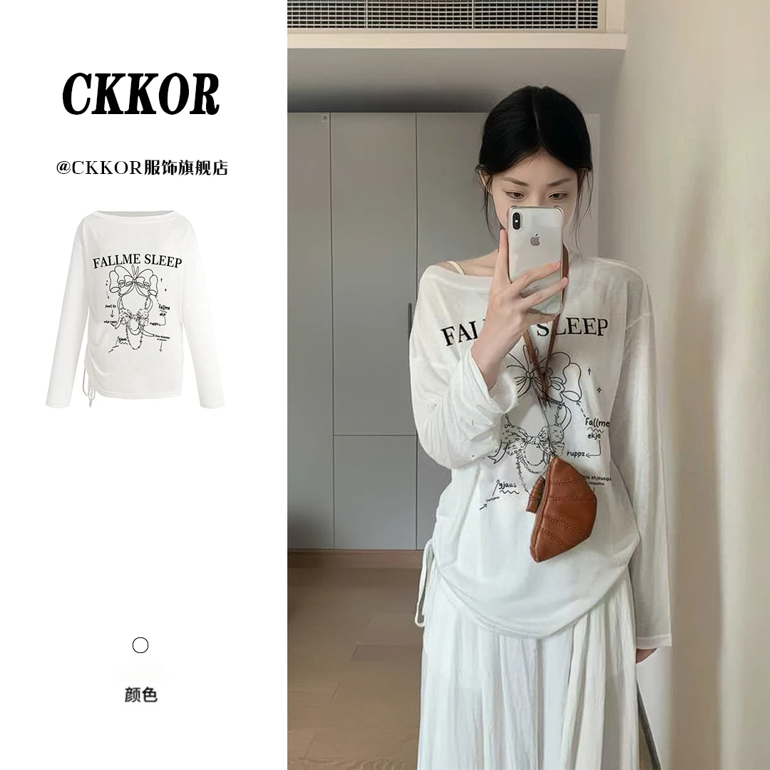 CKKOR长袖防晒罩衫极简慵懒风t恤女百搭印花春夏新款时尚气质上衣
