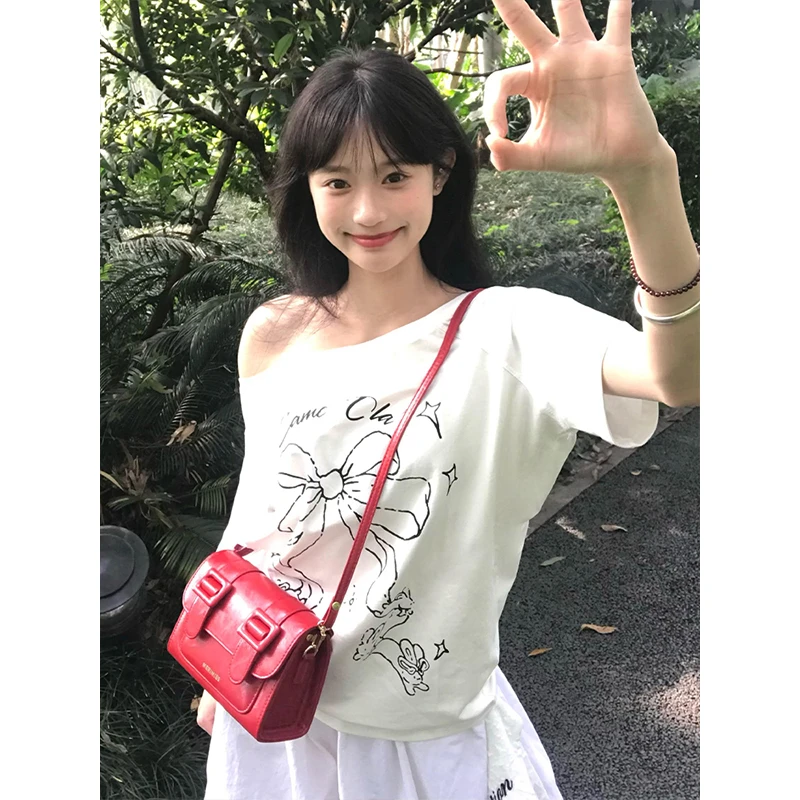夏季新款甜辣妹斜肩短袖T恤女字母印花一字肩ins慵懒风百搭上衣女