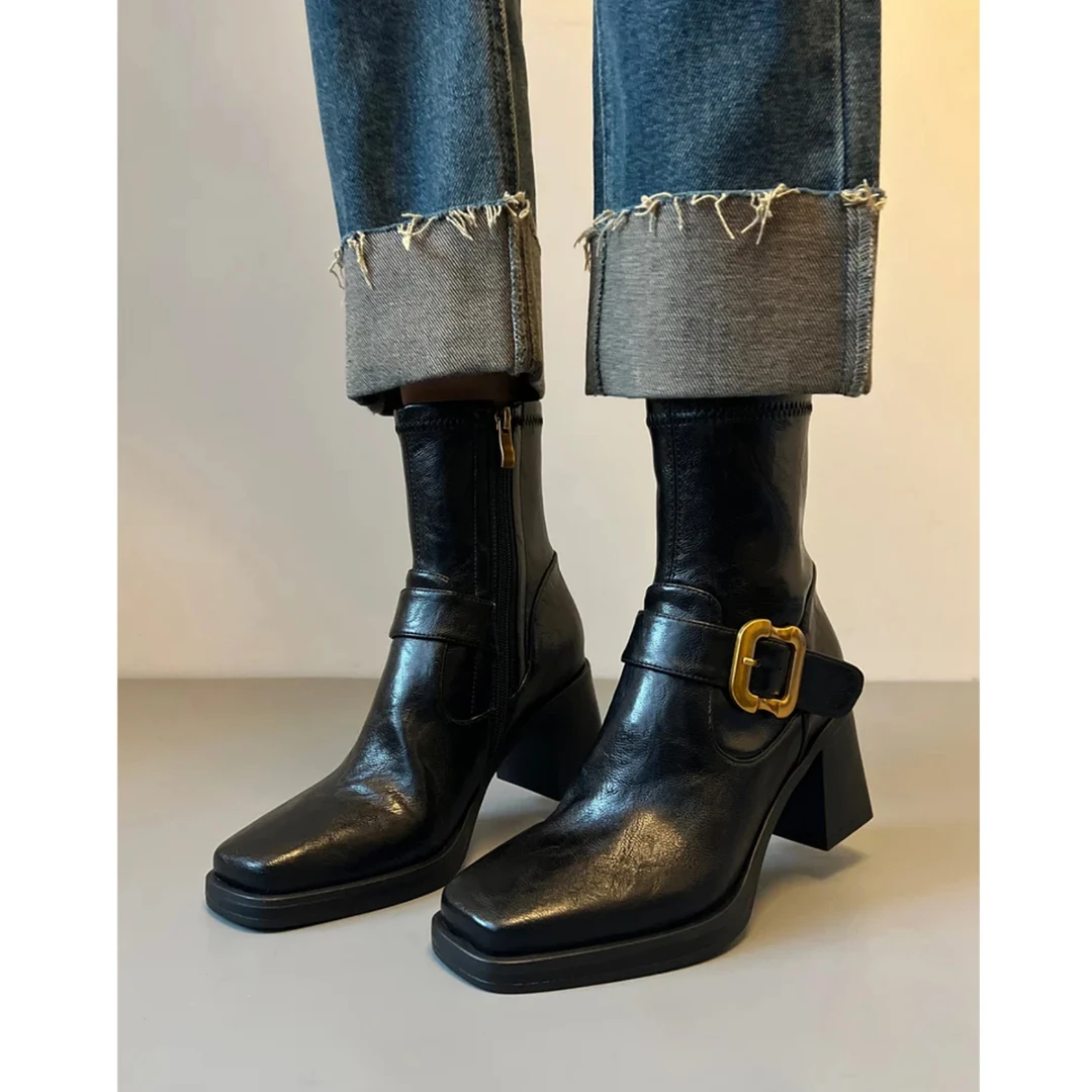 羊皮版~静音底高跟弹力瘦瘦靴女复古皮带扣粗跟切尔西靴方头短靴