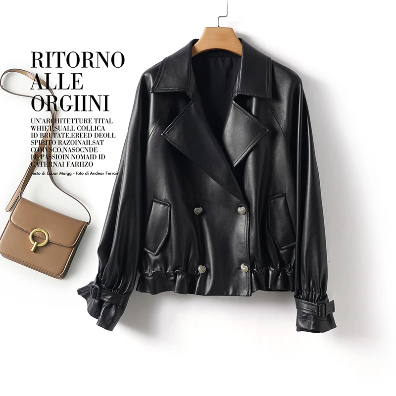 【娟娟】海宁皮衣女短款宽松时尚皮外套2025年春季新款黑色皮夹克