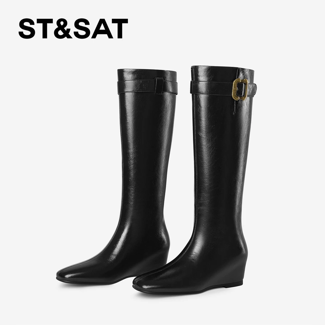 St&Sat/星期六秋冬英伦风真皮骑士靴黑色方头百搭扣带内增高长靴