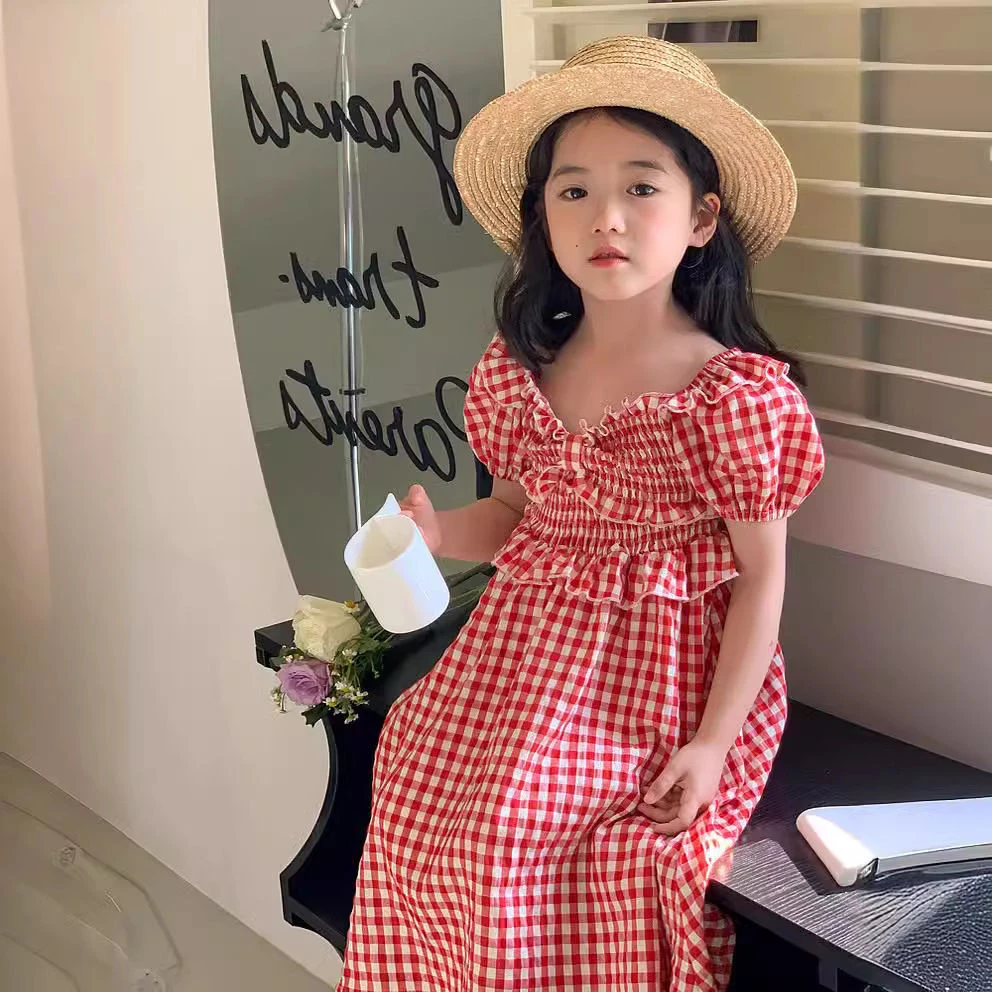 女童连衣裙夏装新款甜美格子泡泡袖公主裙中小童仙女裙