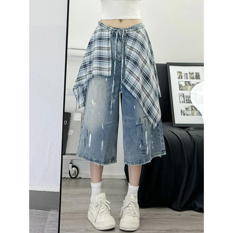 美式复古高街叠装牛仔七分裤女夏季可拆卸裙摆短裤宽松阔腿破洞裤