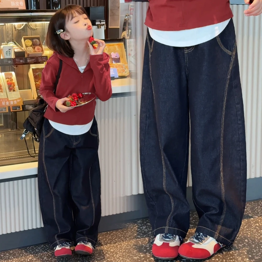 加绒秋冬女童中大童高品质丹宁蓝弯刀牛仔裤童装假两件帽衫两件套