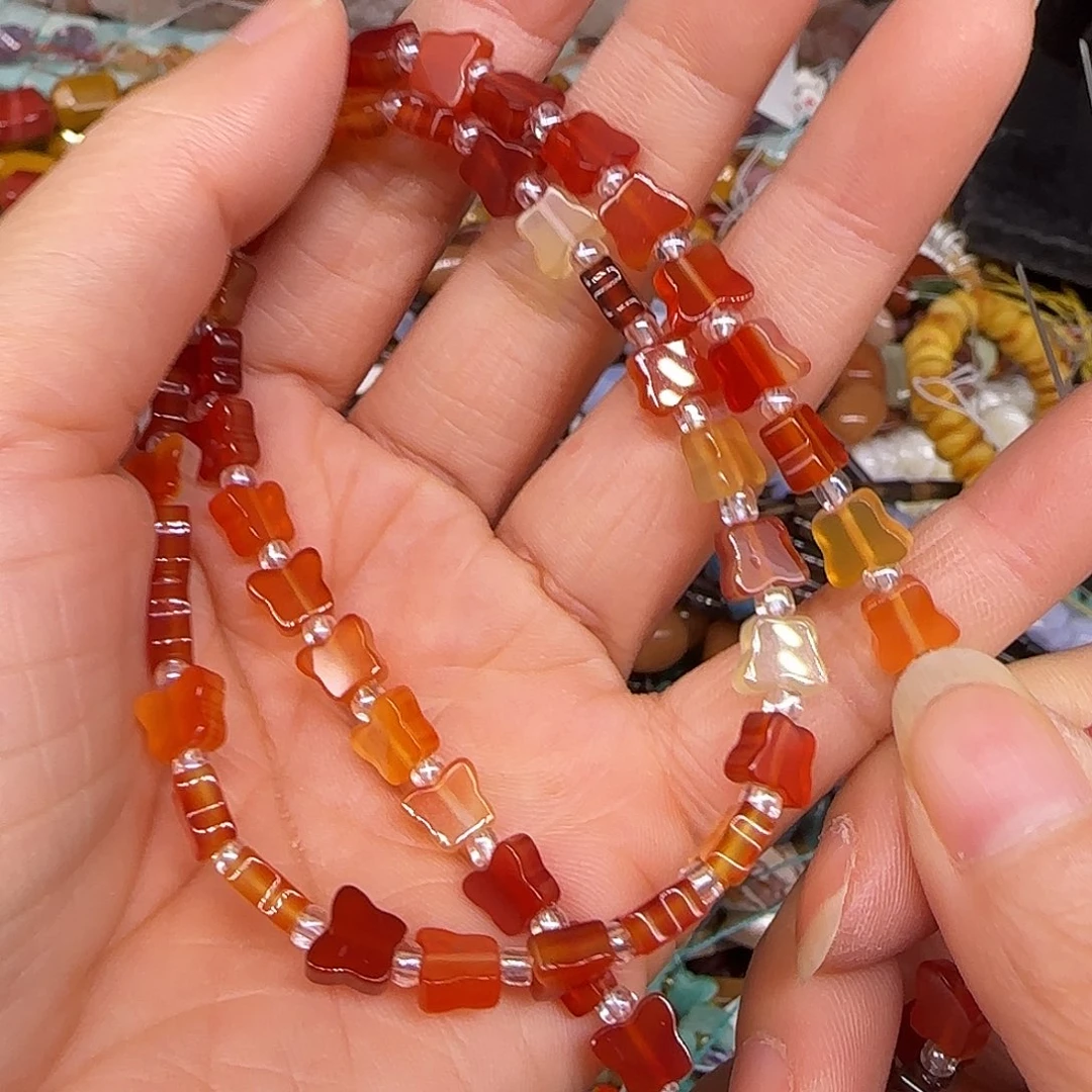 玛瑙/玉髓合金珠宝半成品红玛瑙蝴蝶7mm一条