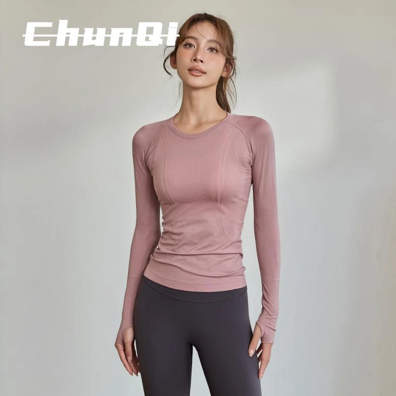 维多利亚瑜伽服长袖无缝一体运动上衣紧身显瘦跑步高弹健身训练服