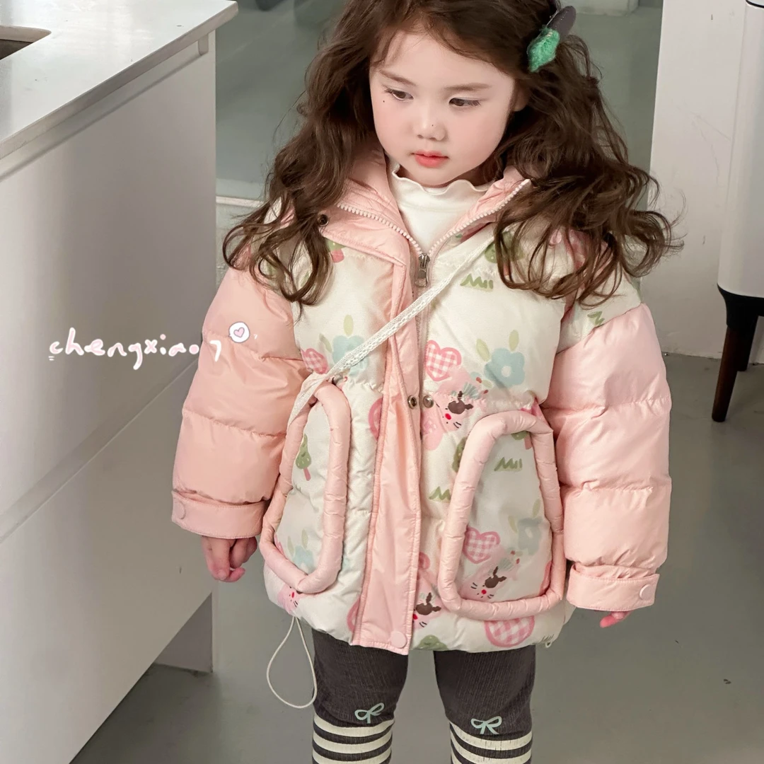 【正版橙小七】粉色小花小兔连帽羽绒服女童