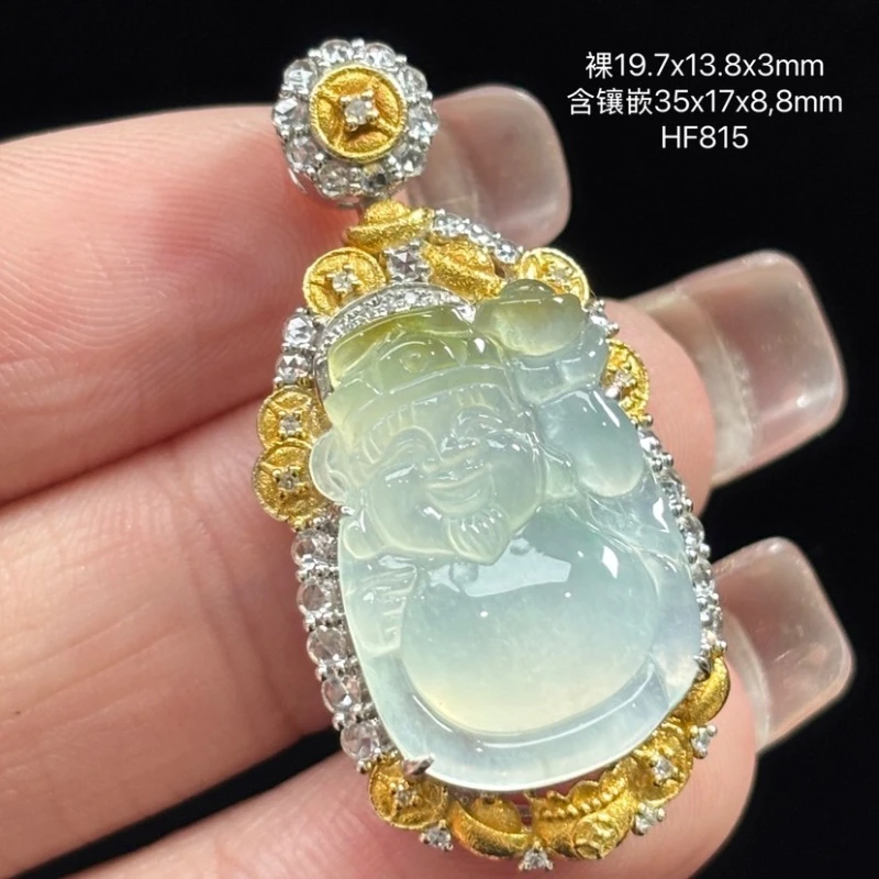 18K金镶嵌缅甸天然翡翠A货高冰财神设计款吊坠HX（下单咨询客服）