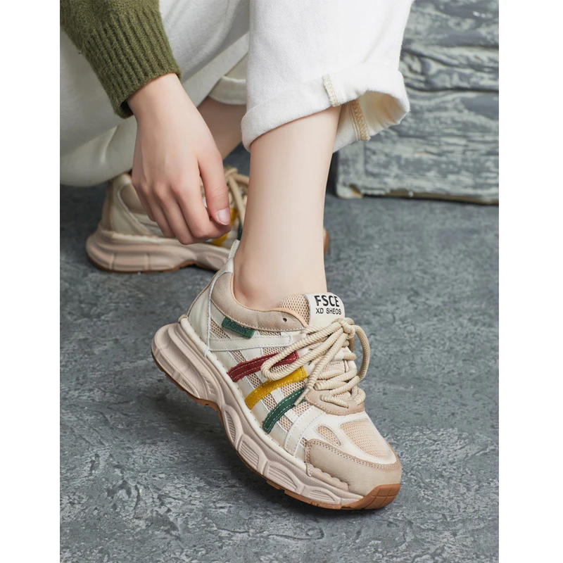 2025春季新款真皮圆头系带平跟休闲平跟透气撞色阿甘鞋老爹鞋