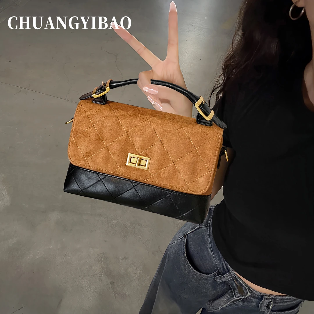 高级感复古菱格撞色小方包女式2025新款百搭手提包通勤单肩斜挎包