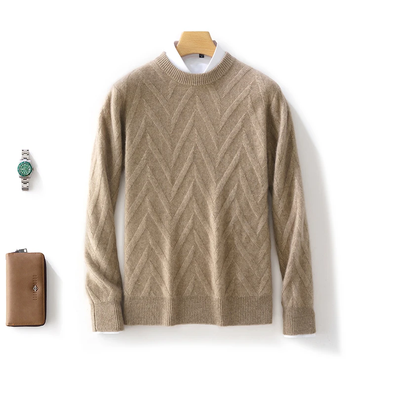 秋冬款男士圆领套头纯色人字纹羊毛衫时尚百搭休闲针织衫